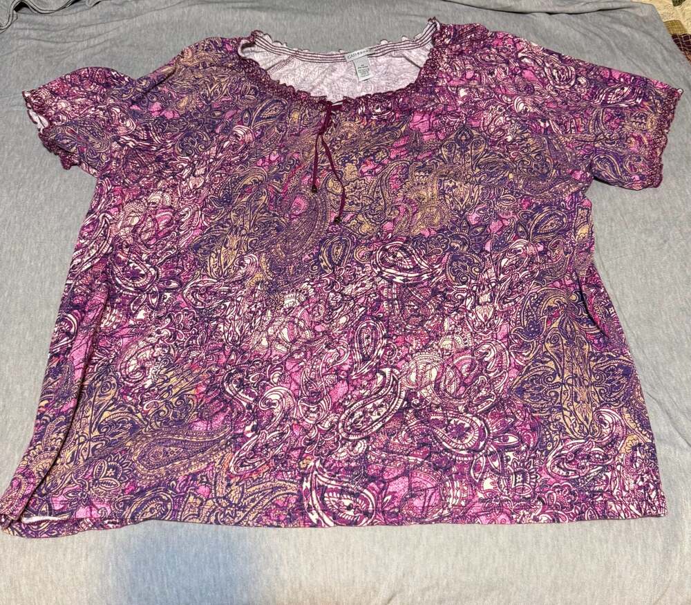 Catherines Plus Size Purple Paisley Short Sleeve Tie Neck Cotton Top 4X 30/32W